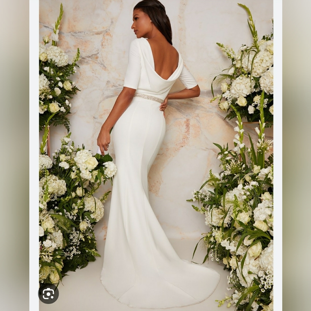 white wedding Bridal Demi 3/4 long elbow length Sleeve Maxi Dress gown 8